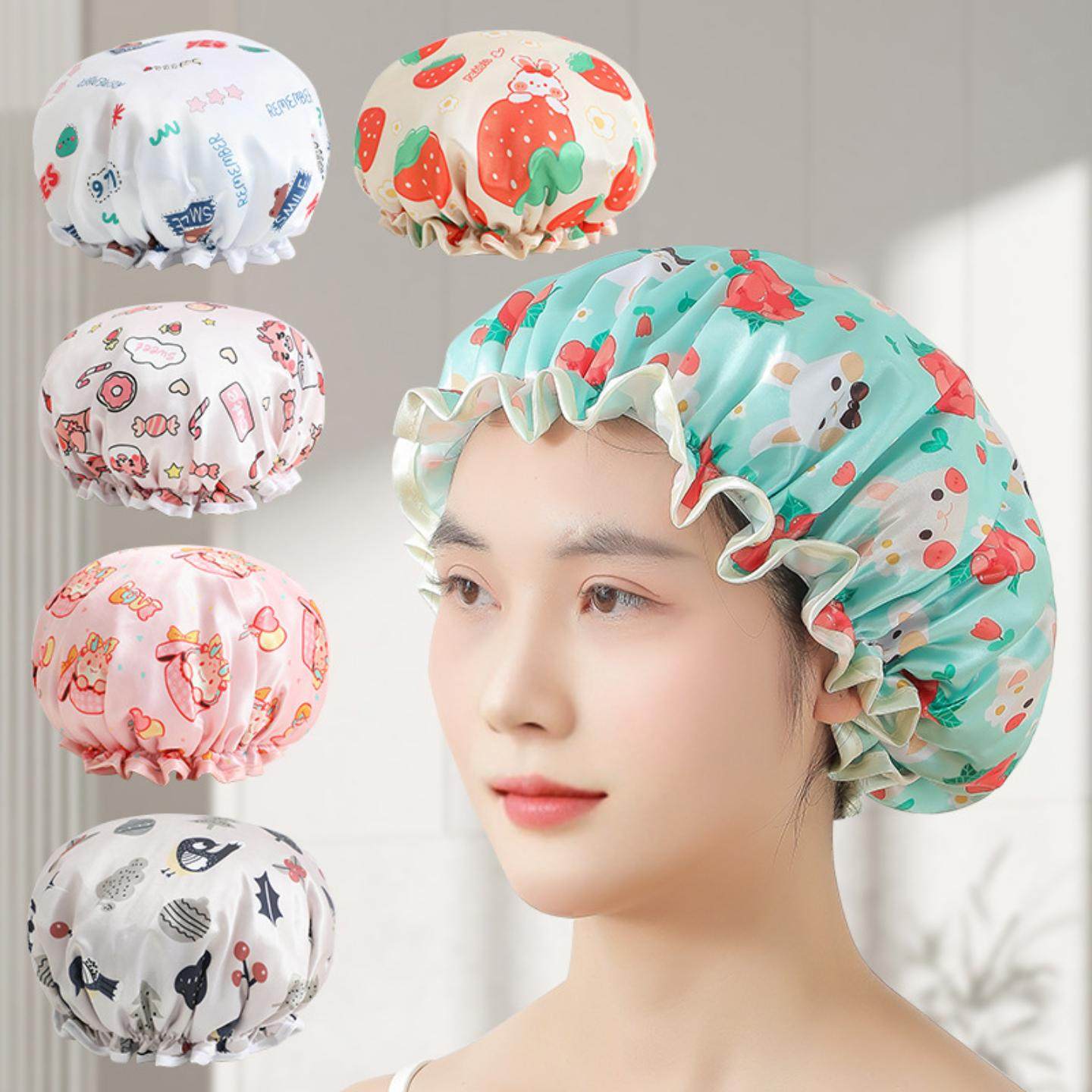 新款卡通浴帽双层防水女士PEVA色丁帽印花洗发帽淋浴帽成人干发帽