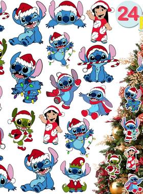 24件木制圣诞树装饰品蓝色史迪仔卡通套装挂饰圣诞节派对装饰挂牌