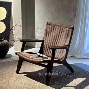 实木藤编扶手椅家用客厅阳台靠背看书椅现代懒人设计师单人沙发椅