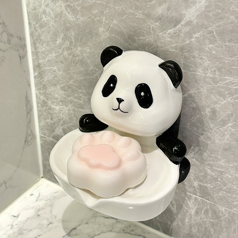 熊猫壁挂陶瓷肥皂盒沥水免打孔挂壁卫生间洗手洗漱台香皂盒子碟托