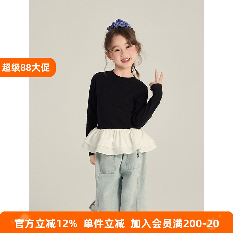 BEIFU贝芙 女童春秋气质百搭芭蕾风打底衫儿童韩版荷叶边长袖T恤