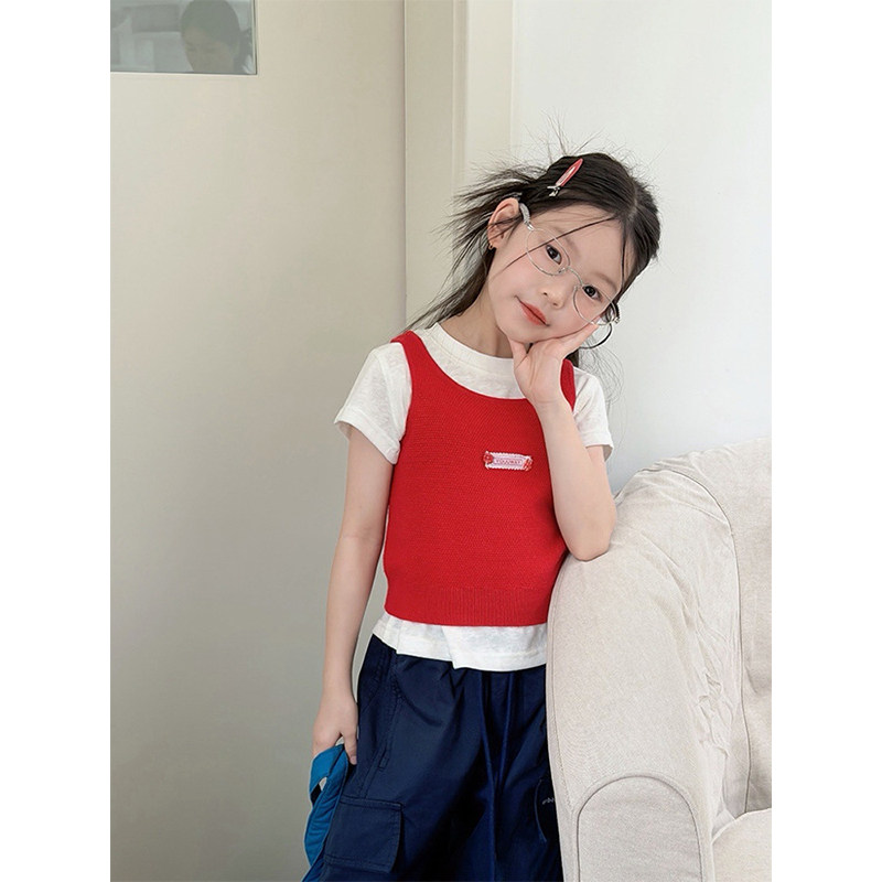 BEIFU贝芙 女童春夏装爱心贴标针织背心儿童韩版洋气叠穿马甲上衣