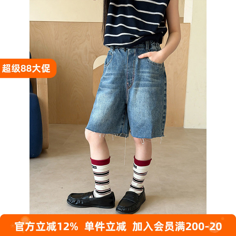 BEIFU贝芙 儿童夏季洋气毛须边五分牛仔裤女童韩版百搭休闲直筒裤