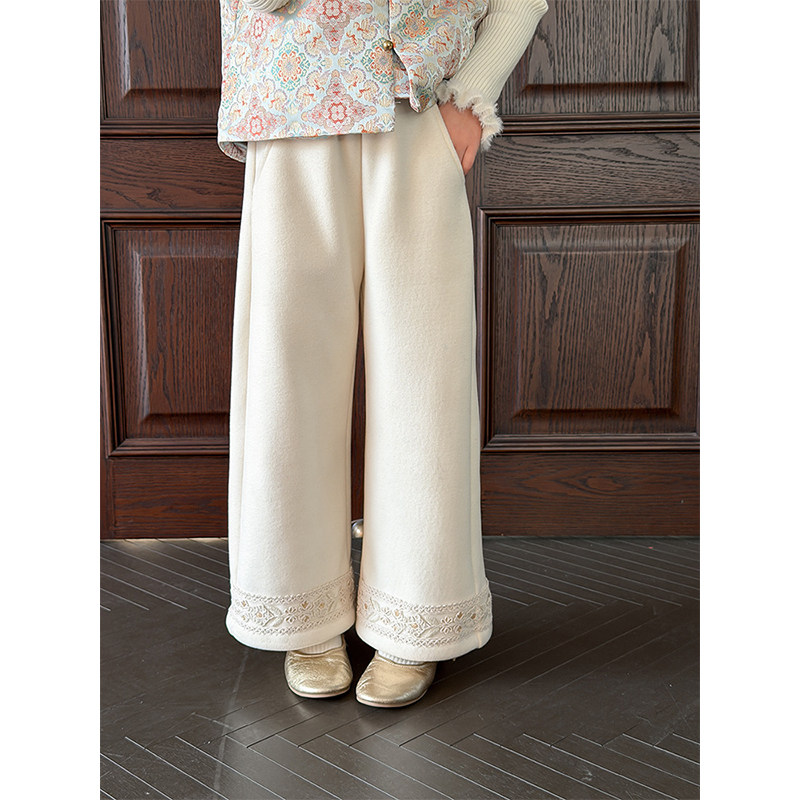 BEIFU贝芙 女童冬季加绒百搭国风直筒裤儿童加厚蕾丝花边休闲裤子