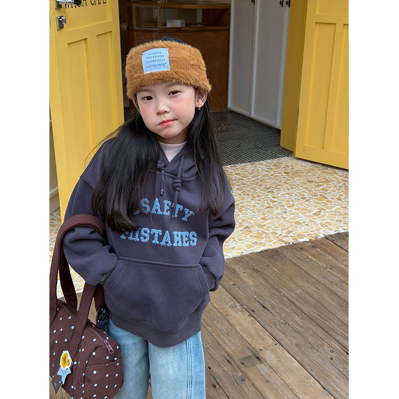 BEIFU贝芙 儿童韩版加厚加绒字母连帽卫衣女童冬季奥粒绒保暖上衣