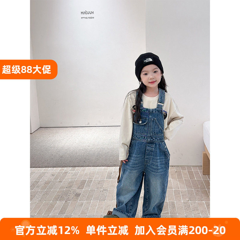 BEIFU贝芙 女童秋装时髦复古磨白连体背带裤儿童直筒休闲牛仔裤潮