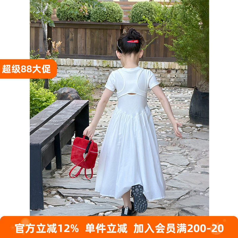 BEIFU贝芙 女童夏季假两件后背镂空收腰小白裙儿童法式露背连衣裙