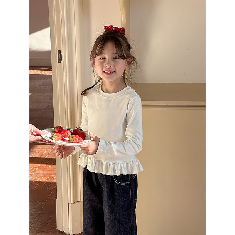 BEIFU贝芙 女童春秋装修身百搭花边长袖T恤儿童韩版洋气打底衫潮