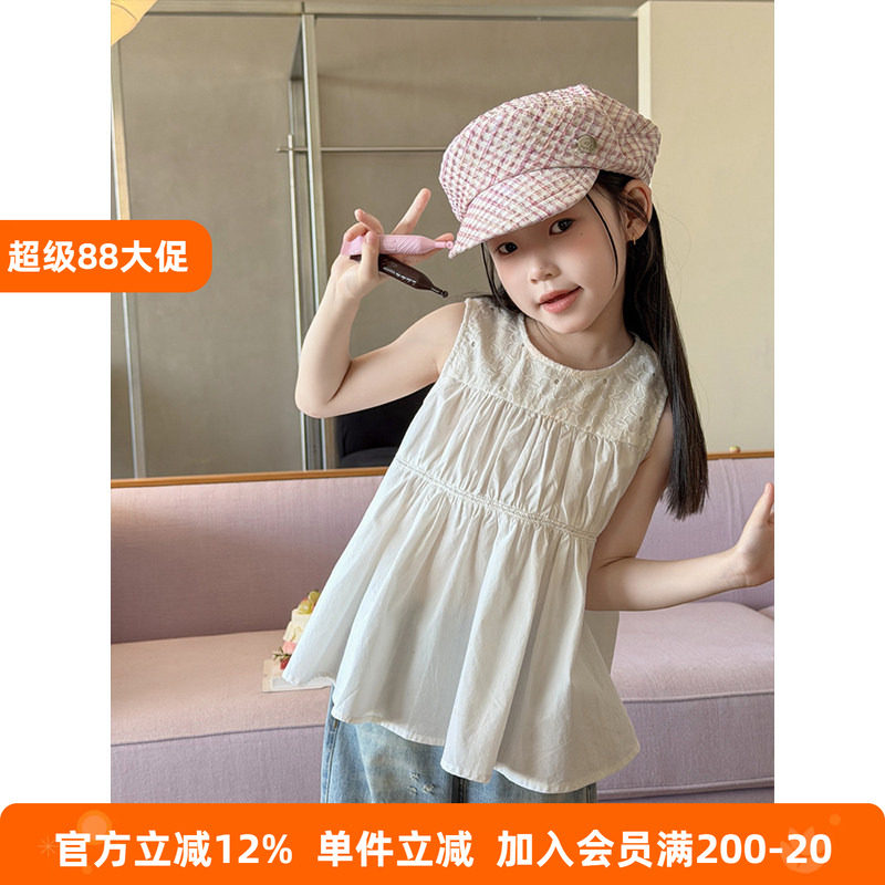 BEIFU贝芙 女童夏季洋气蕾丝拼接无袖娃娃衫儿童韩版气质纯棉背心