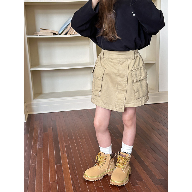 BEIFU贝芙 女童春秋个性时髦不规则口袋工装裙儿童百搭全棉半身裙