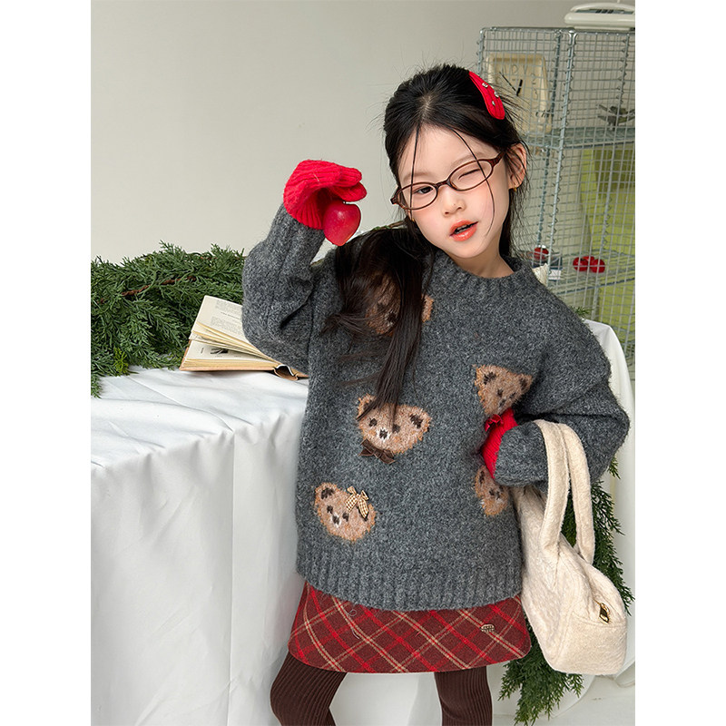 BEIFU贝芙 儿童冬季加厚卡通小熊毛衣女童韩版百搭宽松保暖针织衫