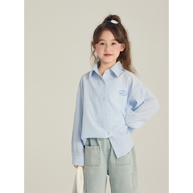 BEIFU贝芙 儿童春秋装休闲刺绣条纹衬衫女童韩版宽松百搭衬衣外套