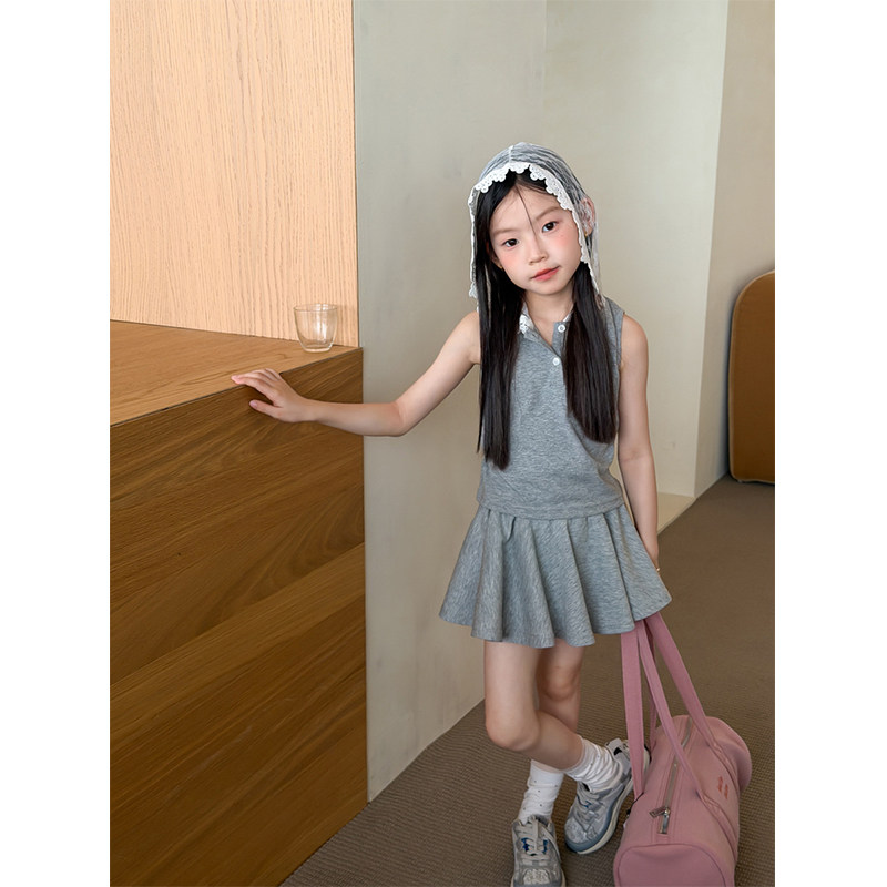 BEIFU贝芙 女童夏季无袖两件套儿童连帽蕾丝背心百褶半身短裙套装