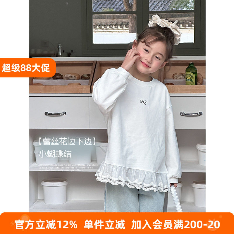 BEIFU贝芙 女童纯棉拼接花边T恤衫儿童秋装印花蝴蝶结上衣打底衫