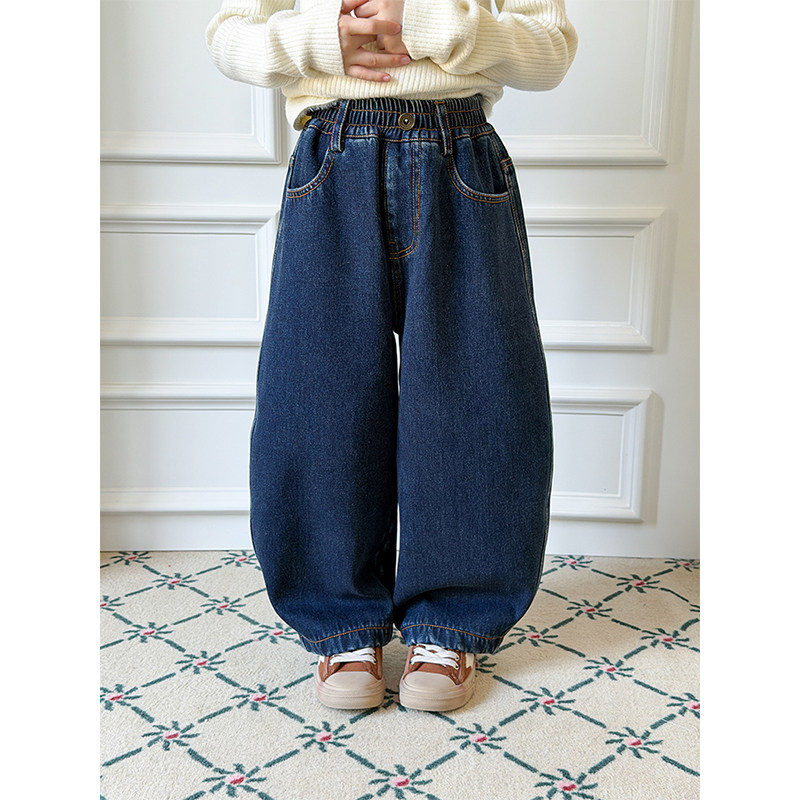 BEIFU贝芙 儿童冬季加绒加厚阔腿弯刀牛仔裤女童百搭保暖休闲裤子