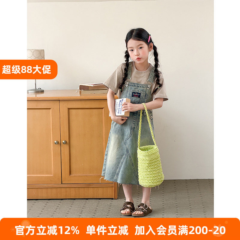BEIFU贝芙 女童秋装时髦复古牛仔背带裙儿童休闲拼接字母连衣裙子