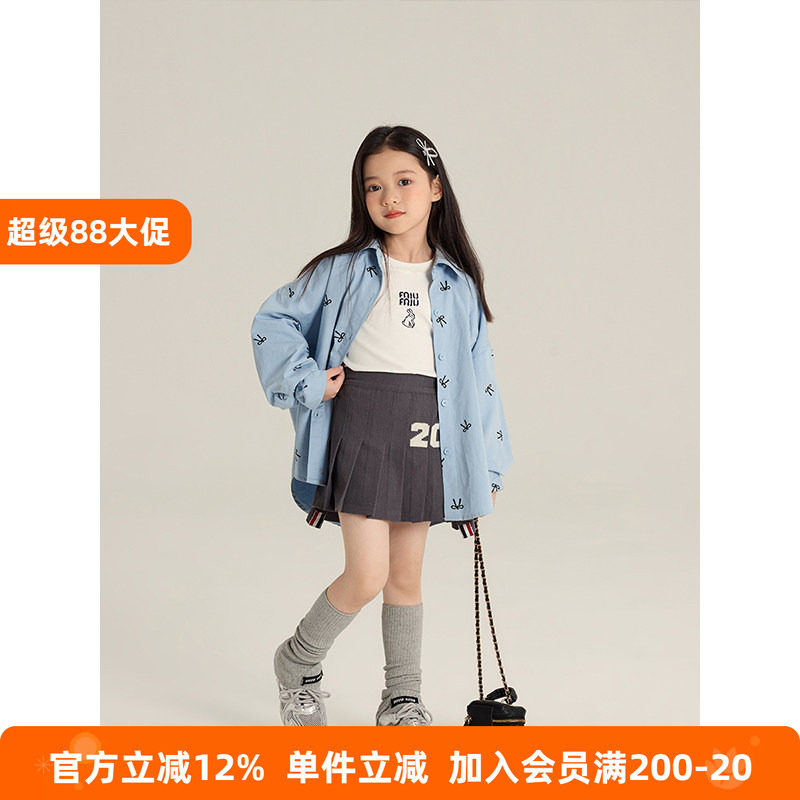 BEIFU贝芙 儿童秋装纯棉满印蝴蝶结翻领衬衫儿童舒适上衣百搭外套