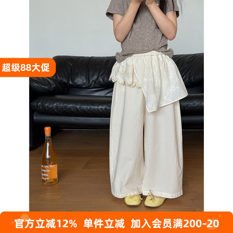 BEIFU贝芙 女童夏季纯棉蕾丝拼接屁帘阔腿裤儿童薄款假两件直筒裤