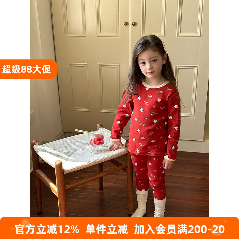 贝芙【新年红色发财狗睡衣】女童卡通家居服套装儿童冬季秋衣秋裤