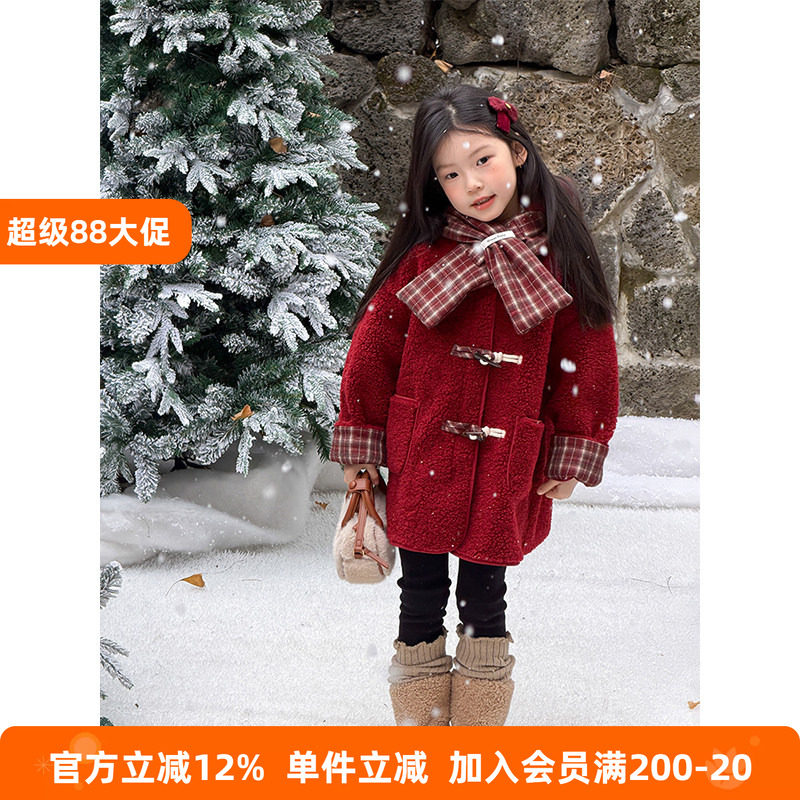 BEIFU贝芙 女童冬季中长款牛角扣大衣儿童加厚保暖连帽拜年服外套