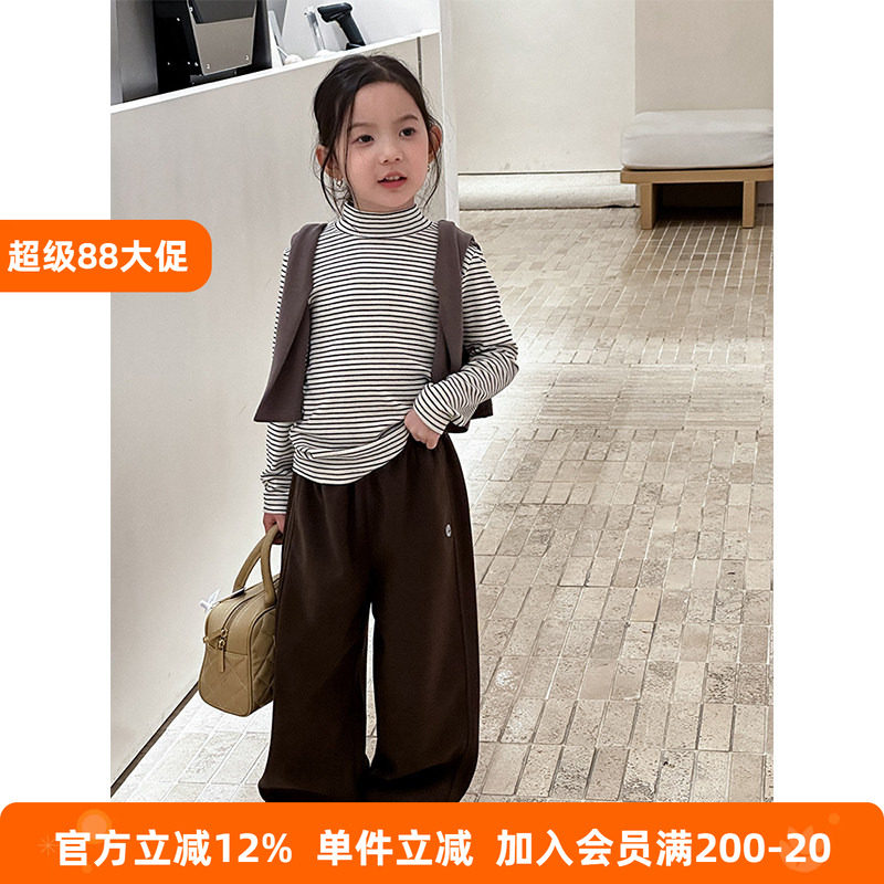 BEIFU贝芙 女童春秋装慕斯羊绒条纹半高领打底衫儿童韩版百搭上衣