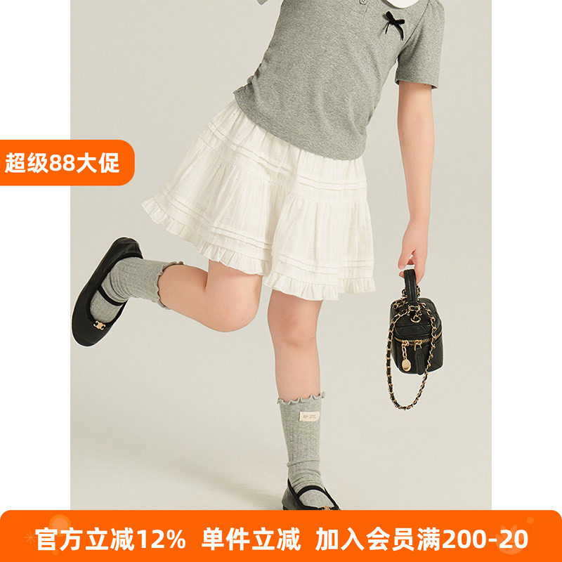 BEIFU贝芙 女童夏装时髦蕾丝花边百褶半身裙儿童韩版纯棉蛋糕短裙