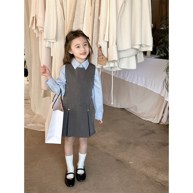 BEIFU贝芙 女童春秋装时髦学院风背心百褶裙儿童韩版百搭连衣裙子