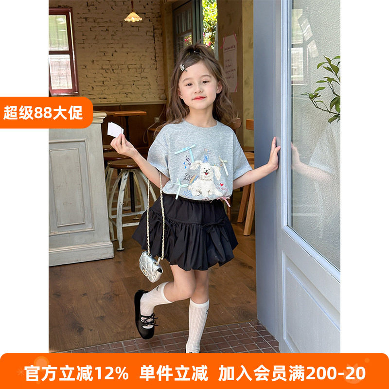BEIFU贝芙 女童春夏装纯棉小狗短袖T恤儿童韩版立体蝴蝶结打底衫