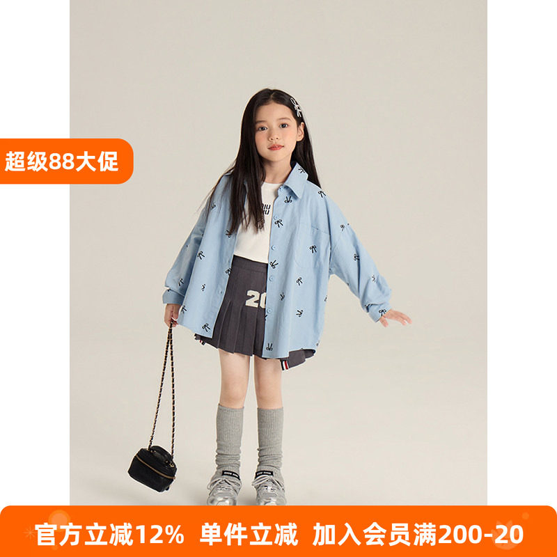 BEIFU贝芙 儿童春秋装纯棉满印蝴蝶结衬衫女童韩版百搭衬衣外套潮