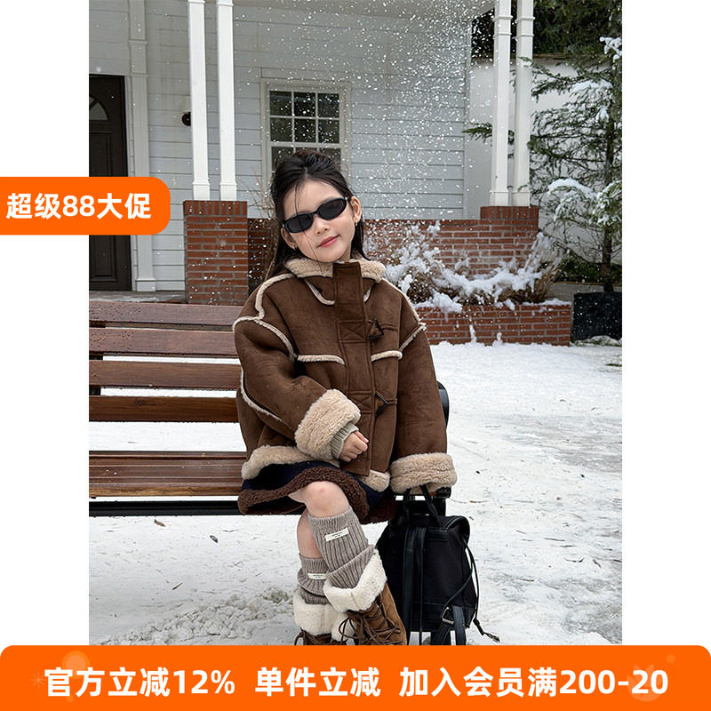 BEIFU贝芙 儿童冬季麂皮绒皮毛一体外套女童韩版加厚加绒保暖棉服