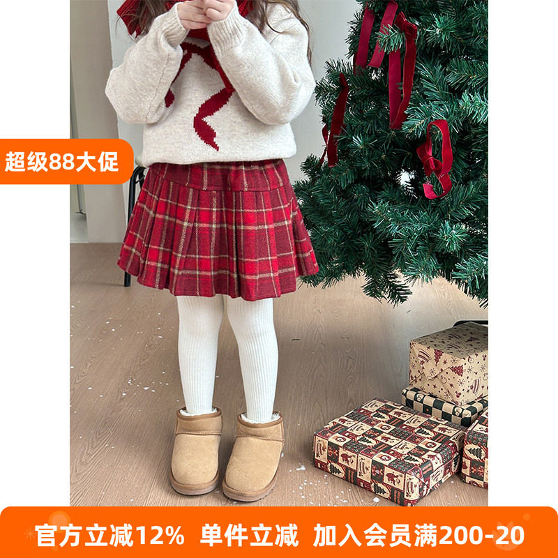 BEIFU贝芙 女童韩版加厚毛呢格子百褶裙儿童冬季新年款百搭半身裙