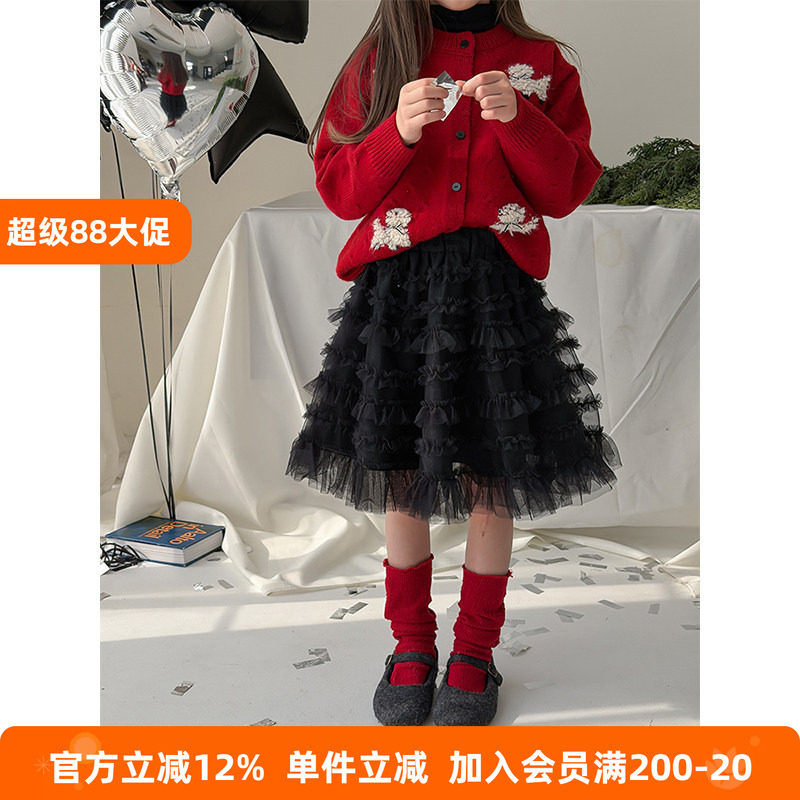 BEIFU贝芙 女童新年洋气米兰网纱半身裙儿童冬季百搭蓬蓬蛋糕裙子
