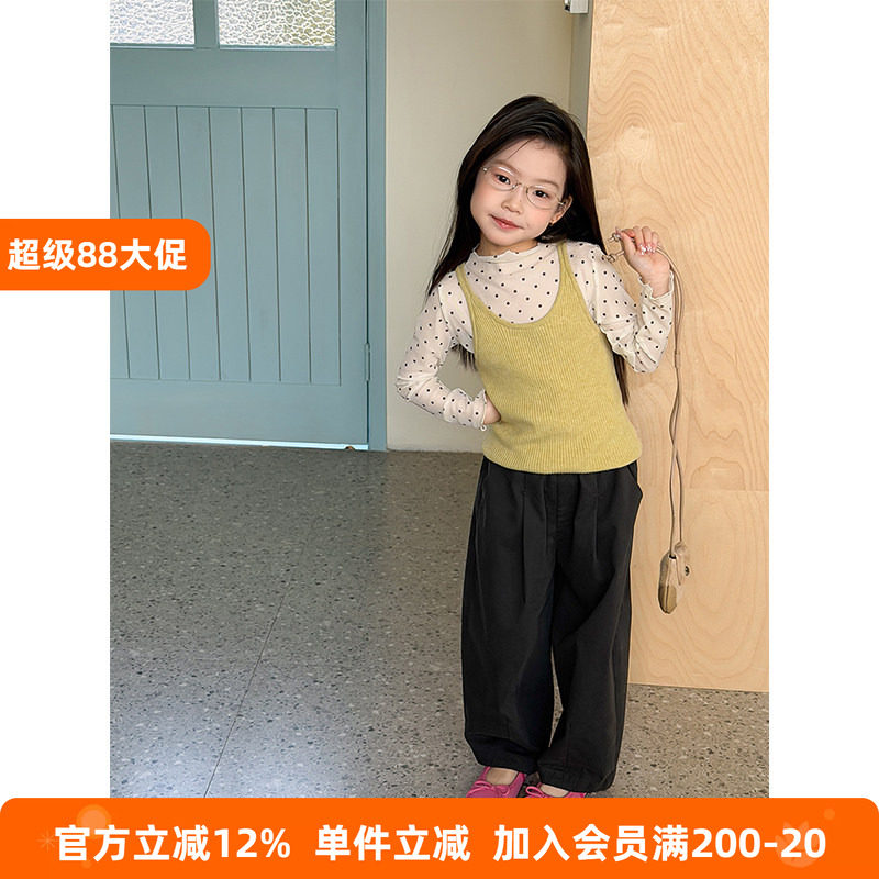BEIFU贝芙 女童秋装叠穿针织吊带背心+儿童甜美波点内搭打底衫T恤