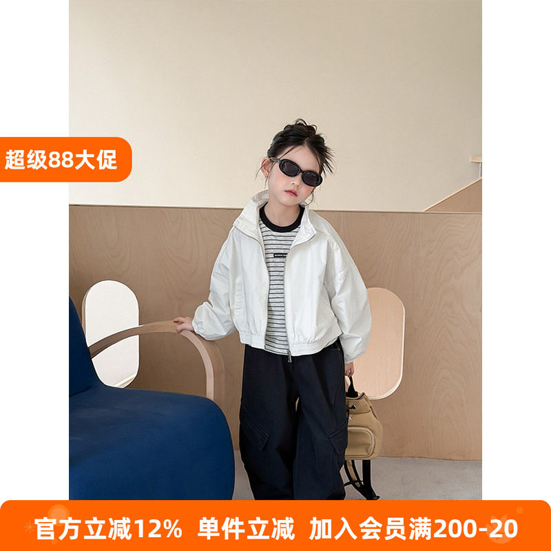 BEIFU贝芙 女童春秋装纯棉字母休闲外套儿童韩版宽松立领夹克上衣