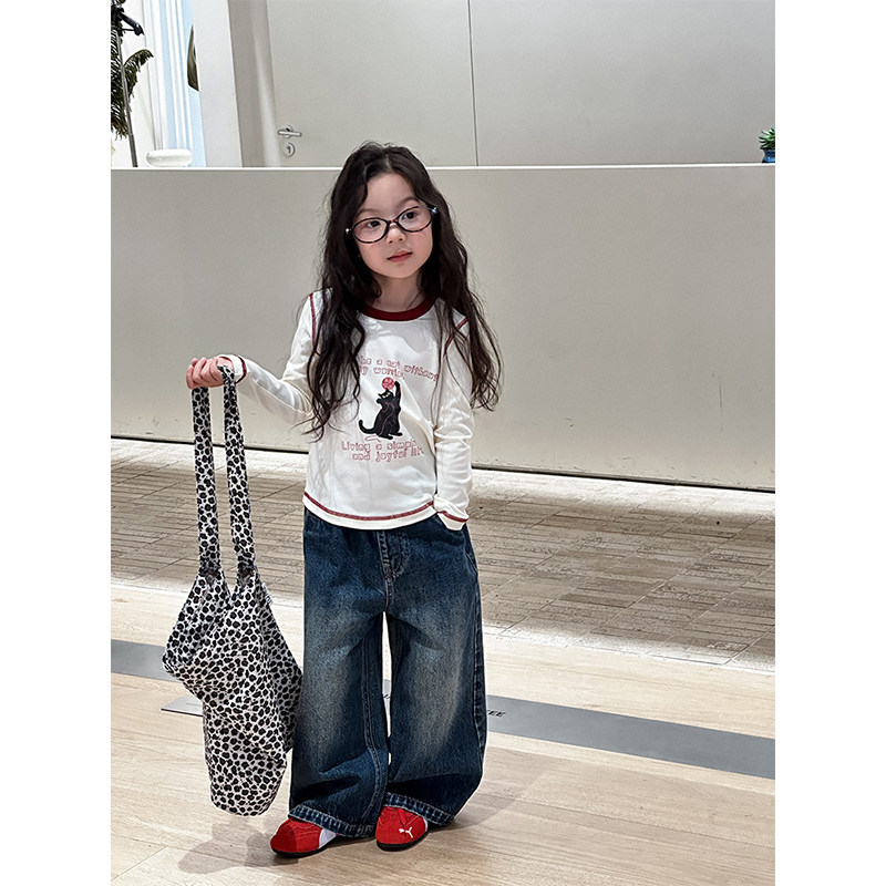 BEIFU贝芙 女童韩版卡通撞色长袖T恤儿童春秋百搭短款辣妹打底衫