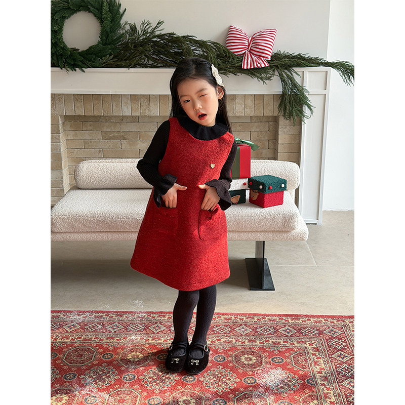 BEIFU贝芙 女童冬季含羊毛新年毛呢背心裙儿童韩版加厚保暖连衣裙