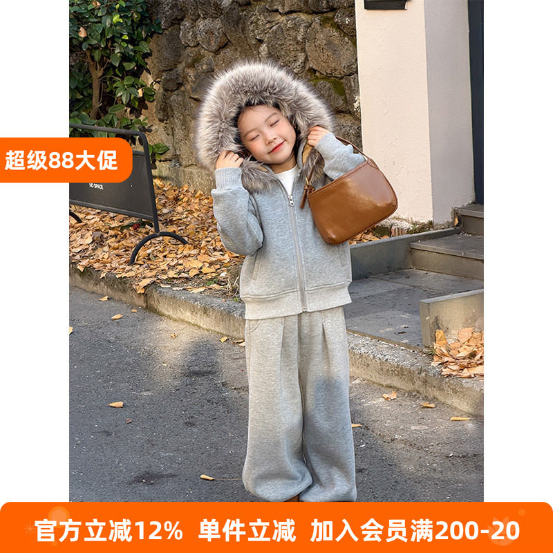 BEIFU贝芙 女童冬季加绒可拆卸毛领卫衣卫裤儿童加厚保暖连帽套装