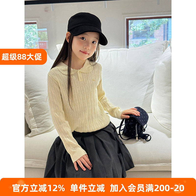 BEIFU贝芙 儿童娃娃领镂空爱心针织衫女童秋装毛衣坑条套头打底衫