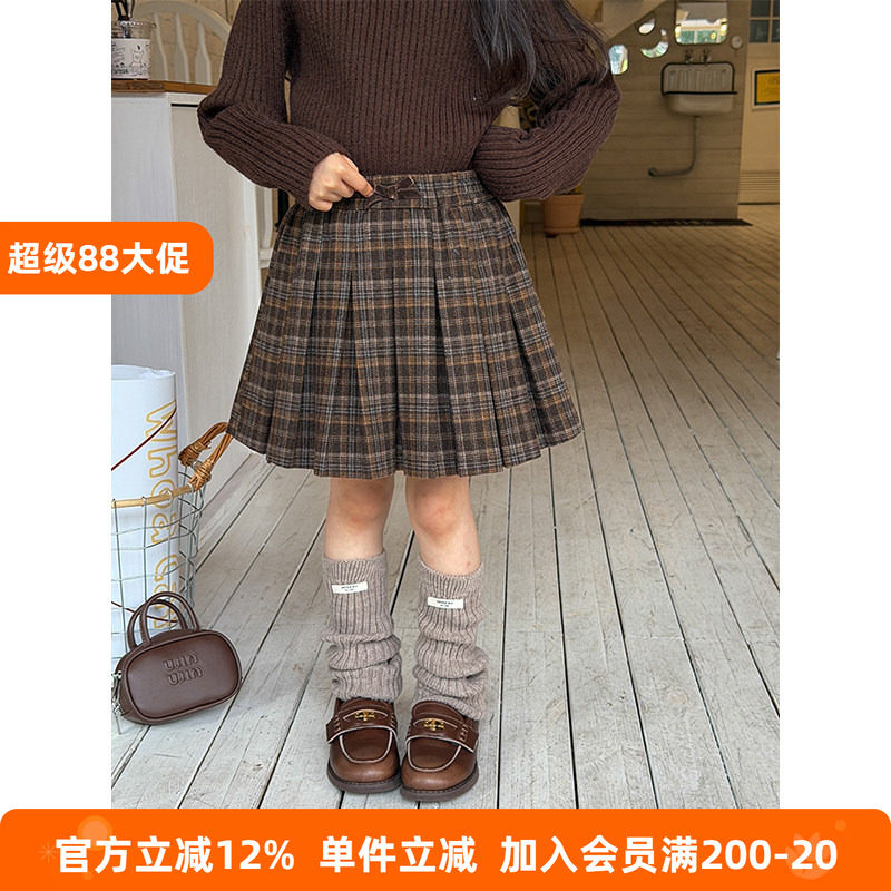 BEIFU贝芙 女童冬季学院风毛呢格子百褶裙儿童韩版加绒加厚半身裙