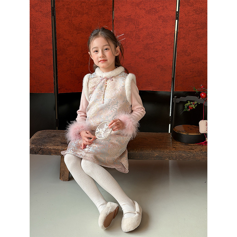 BEIFU贝芙 女童冬季新中式夹棉背心裙儿童加厚保暖拜年服旗袍裙子