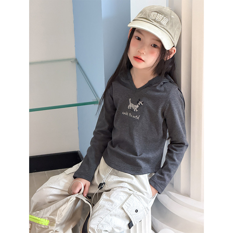 BEIFU贝芙 女童春秋刺绣小狗辣妹T恤儿童韩版修身百搭连帽打底衫