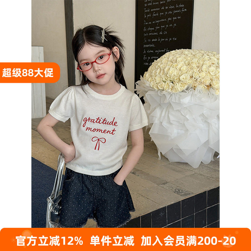 BEIFU贝芙 女童夏季洋气刺绣字母蝴蝶结针织短袖上衣儿童薄款T恤