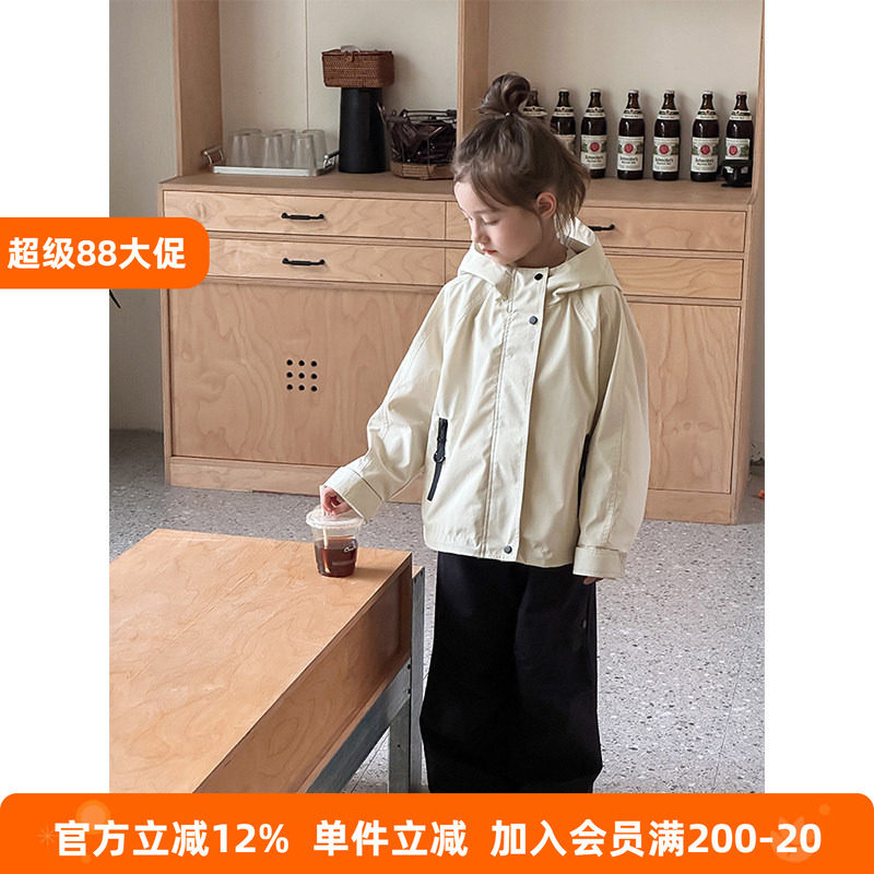 BEIFU贝芙 儿童韩版防水防风百搭连帽冲锋衣女童春秋保暖宽松外套