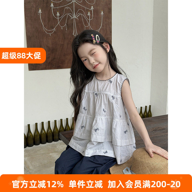BEIFU贝芙 女童精美刺绣蝴蝶结纯棉娃娃衫儿童韩版洋气甜美背心夏