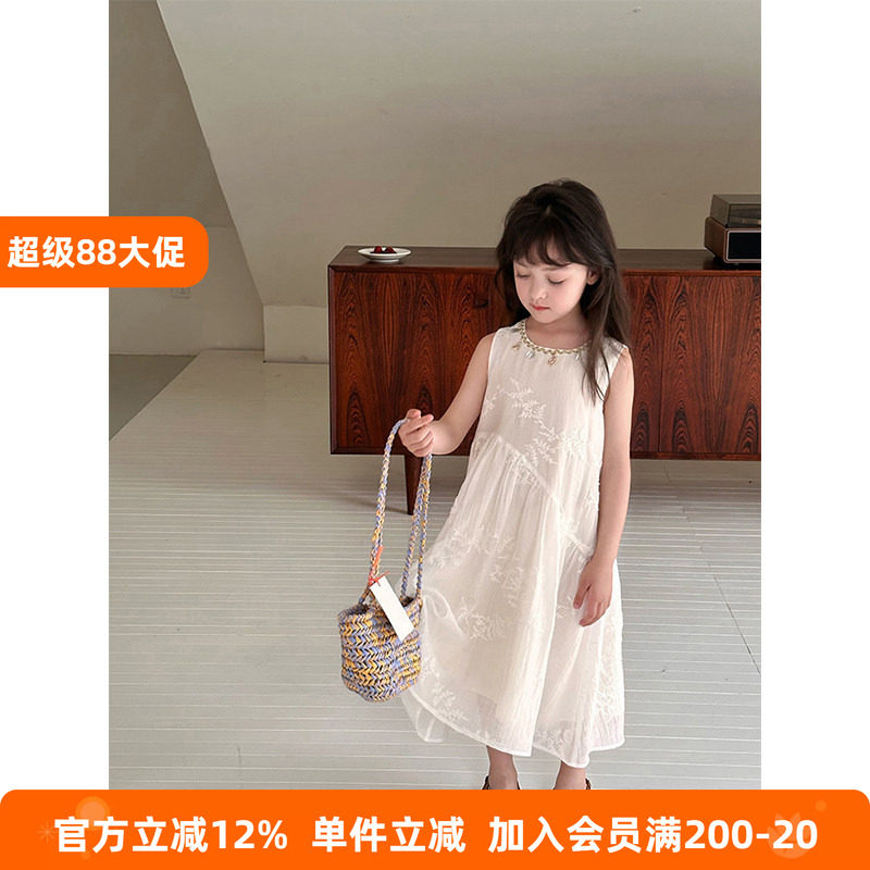 BEIFU贝芙 女童夏季洋气度假风刺绣连衣裙儿童韩版甜美拼接背心裙