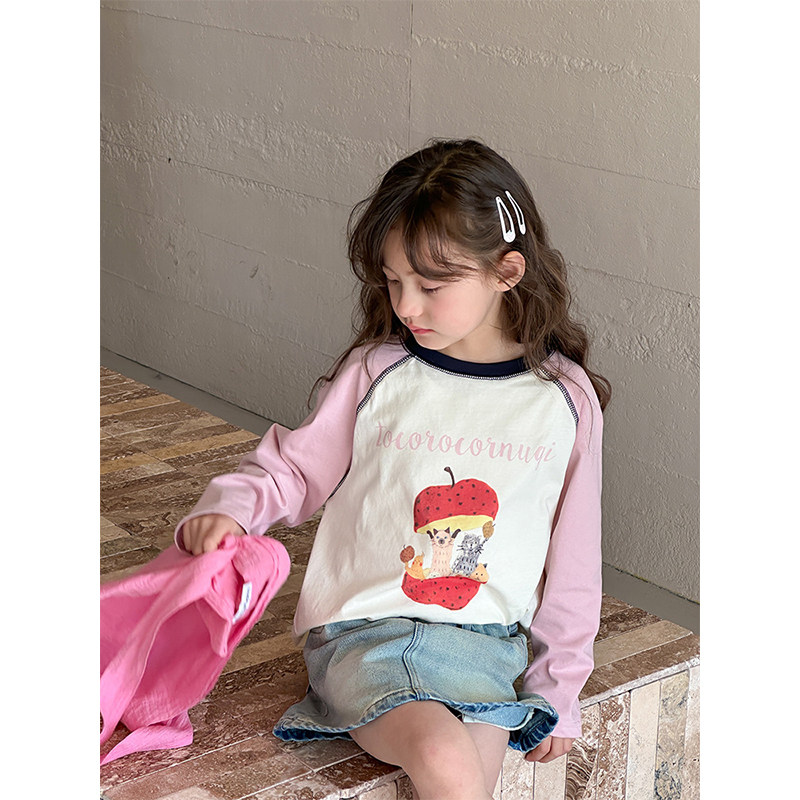 BEIFU贝芙 女童春秋装卡通拼色纯棉长袖T恤儿童韩版插肩袖打底衫