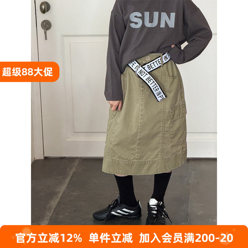 BEIFU贝芙 女童纯棉工装半身裙秋装儿童复古水洗做旧中长A字裙潮