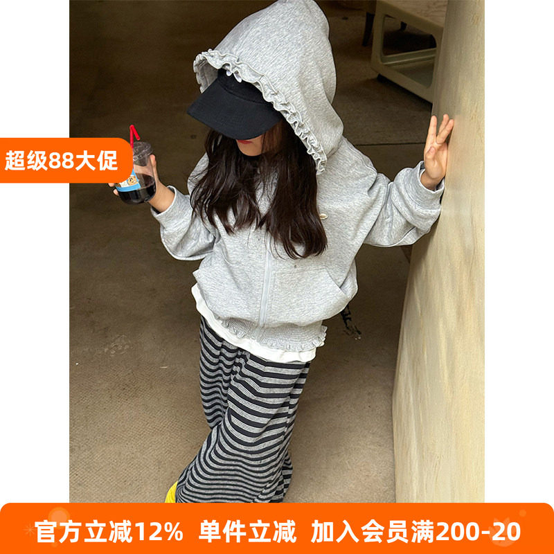 BEIFU贝芙 儿童春秋装气质时髦花边连帽卫衣外套女童韩版休闲上衣