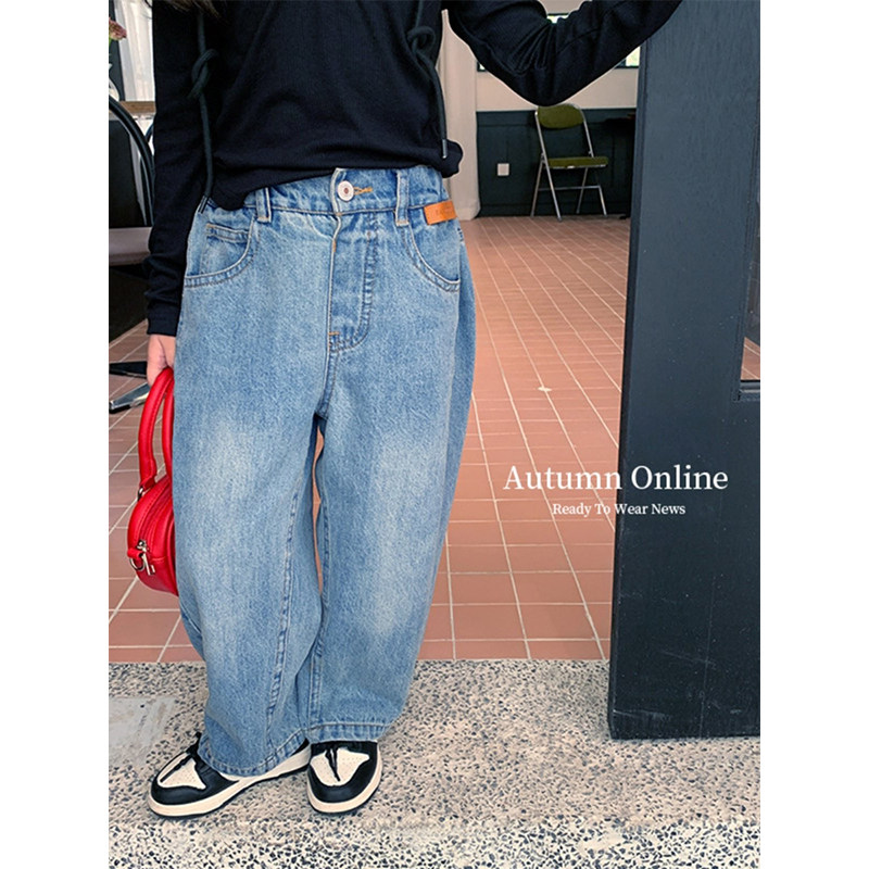 BEIFU贝芙 儿童春秋装宽松贴标牛仔裤女童韩版时髦直筒休闲长裤子