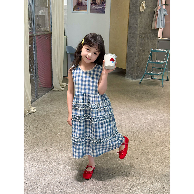 BEIFU贝芙 女童夏季洋气花边中长款格子背心裙儿童韩版无袖连衣裙